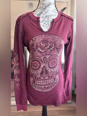 Vintage Y2K style Affliction Skull maroon knit thermal long sleeve top